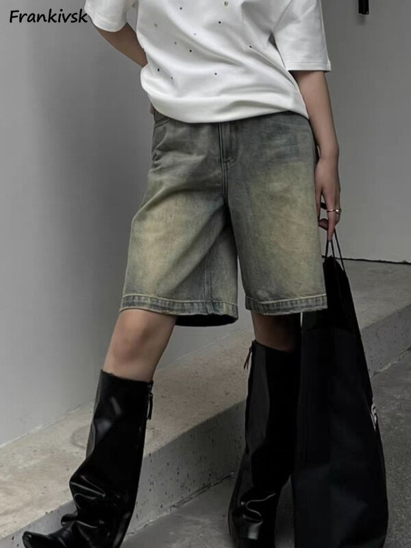 Женские джинсовые шорты S-4XL, шикарная уличная одежда для отдыха с высокой талией в Корейском стиле, летняя простая Удобная Студенческая одежда до колена, Новинка
