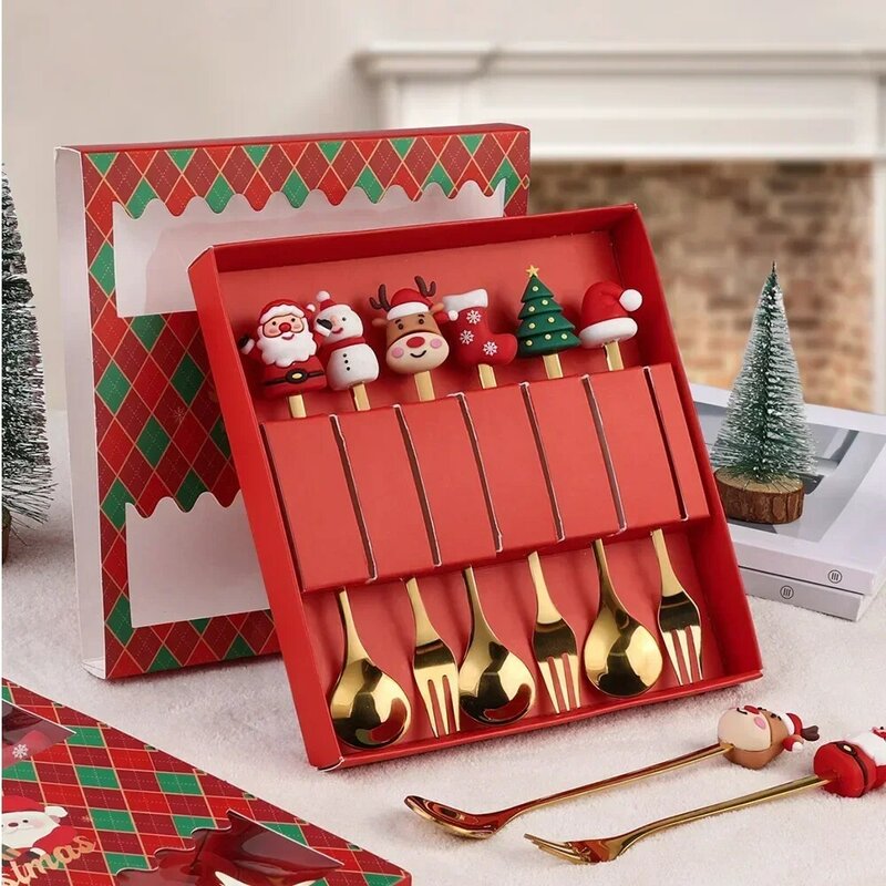 Christmas Coffee Spoons Forks Set Stainless Steel Christmas Gifts for Kids Tea Fruit Dessert Scoop Xmas Decor Tableware Cutlery