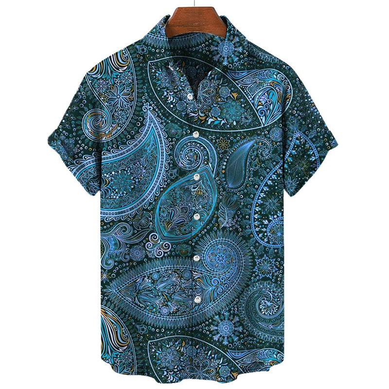Hawaii Shirts For Men 3D Paisley Graphic Short-sleeved T-shirt Casual Lapel Buttons Male Tops Summer Oversized Personality Tees