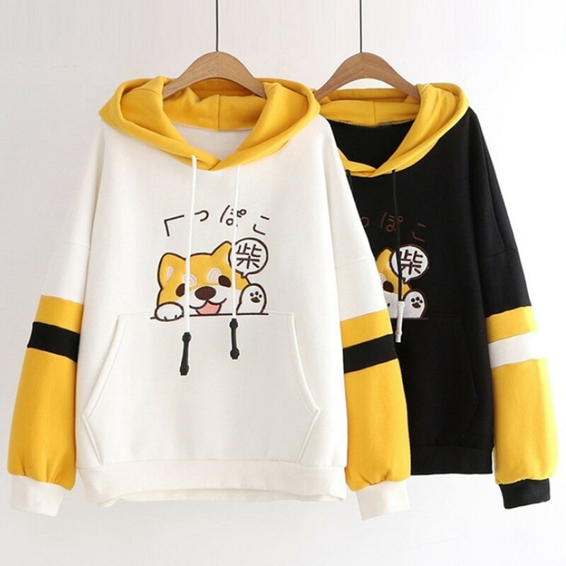 Kawaii Chaigou Print Hoodies Japanese Anime Cute Dog Sweatshirts Mens Long Sleeve Hooded Colorblock Outwear Female Pullovers
