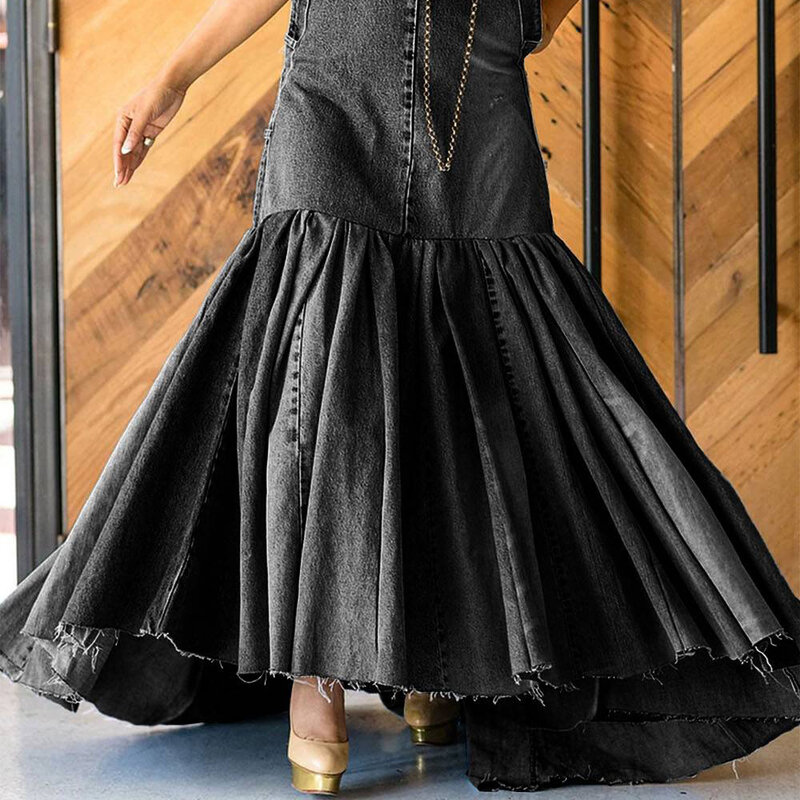 Женское черное повседневное джинсовое платье макси с оборками и лямкой на шее