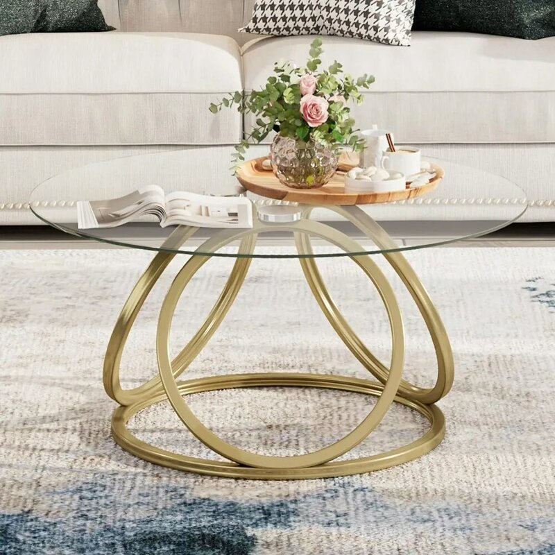 Mesa de café de vidro redonda com molduras em forma de anel, mesas de café com acabamento dourado, mesa moderna para sala