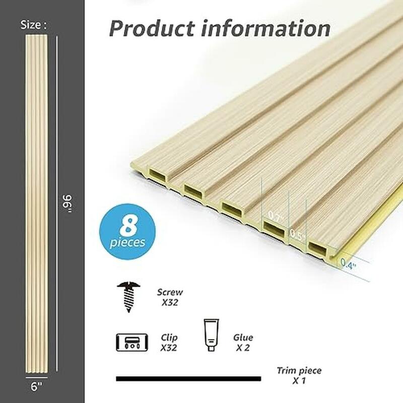 3D Soundproof WPC Slat Wall Panels Interior Exterior Decor Oak 8-Pack 96x6in TV Background Kit Easy Install Eco-Friendly Safe