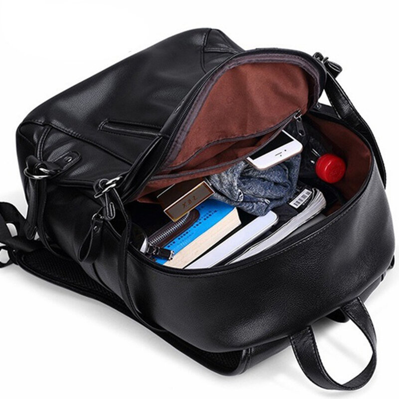 Mochila impermeável de couro PU para homens, carga USB externa, bolsa de viagem de moda, bolsa escolar casual, bolsa de ombro preta