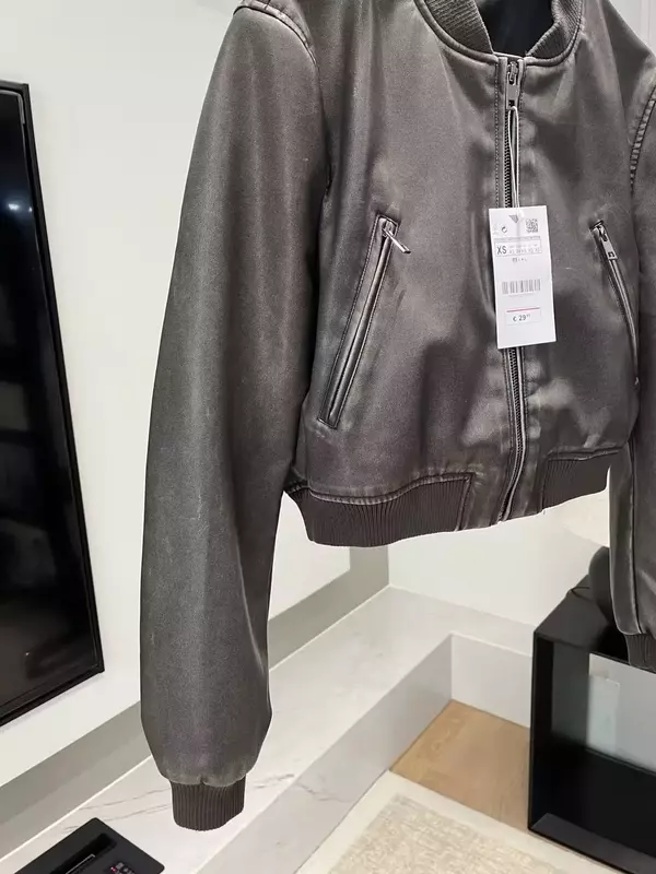 Women 2023 New Fashion Cropped Slim Faux Leather flying Jacket Coat Vintage Long Sleeve zipper Female Outerwear Chic Overshirt