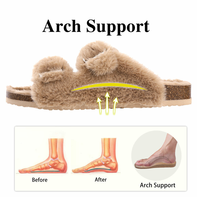 Shevalues Fuzzy Slippers Women Cork Footbed Fluffy Slide Sandals Open Toe Indoor House Shoes With Arch Support Adjustable Buckle