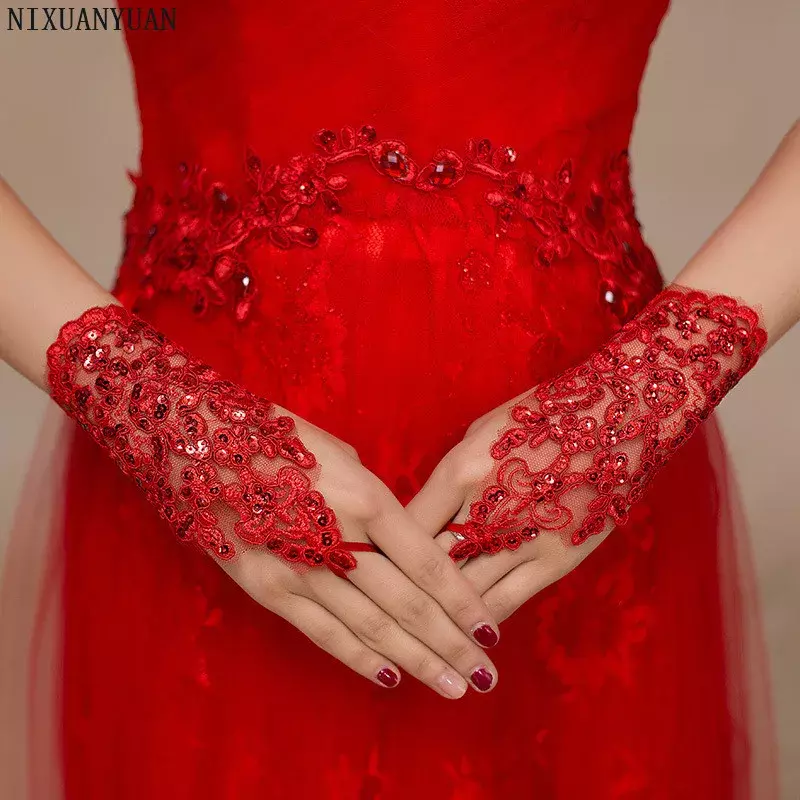 Eleganckie koronki z kryształkami satynowe krótki ślubny rękawiczki 2023 bez palców rękawiczki ślubne białe kości słoniowej akcesoria ślubne Veu De Noiva