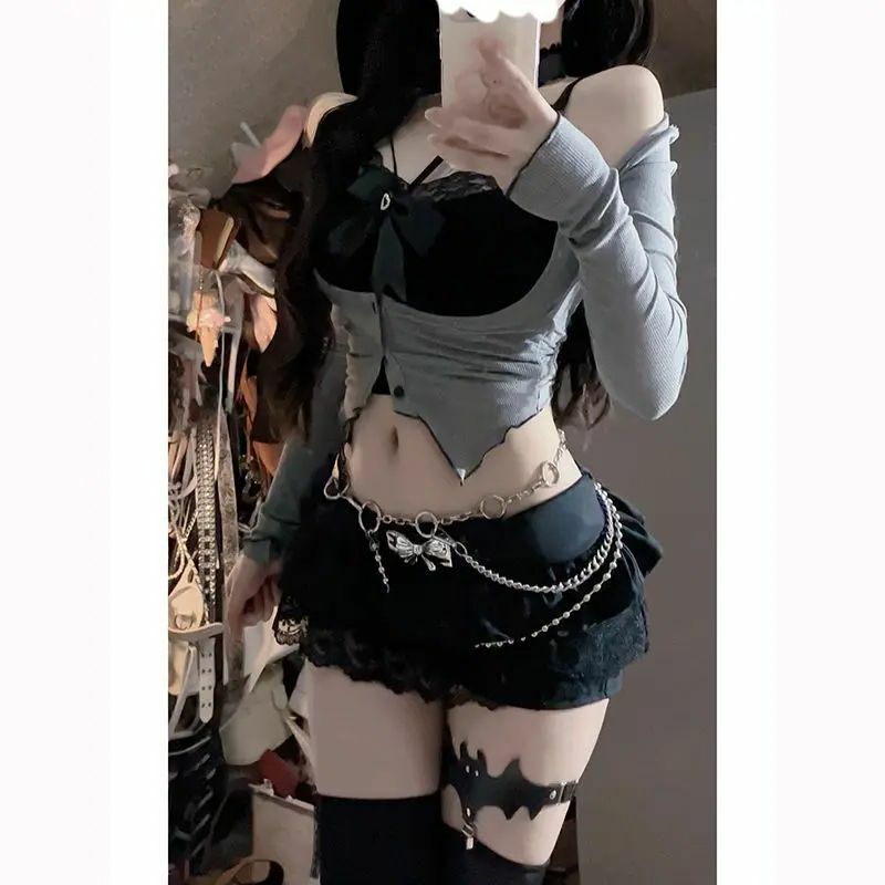 Two-Piece Suit Sweet And Spicy Fake Two Pieces Upper Garment Short Skirt Cute Sweet Lace Bow Patchwork High Waist Shorts