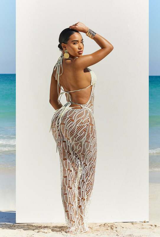 Vrouwen Strandbedekking 3-delige Outfit Bikini Bh + String + Halster Rugloze Uitgeholde Visnet Lange Jurk 2024 Mode Vakantiejurk