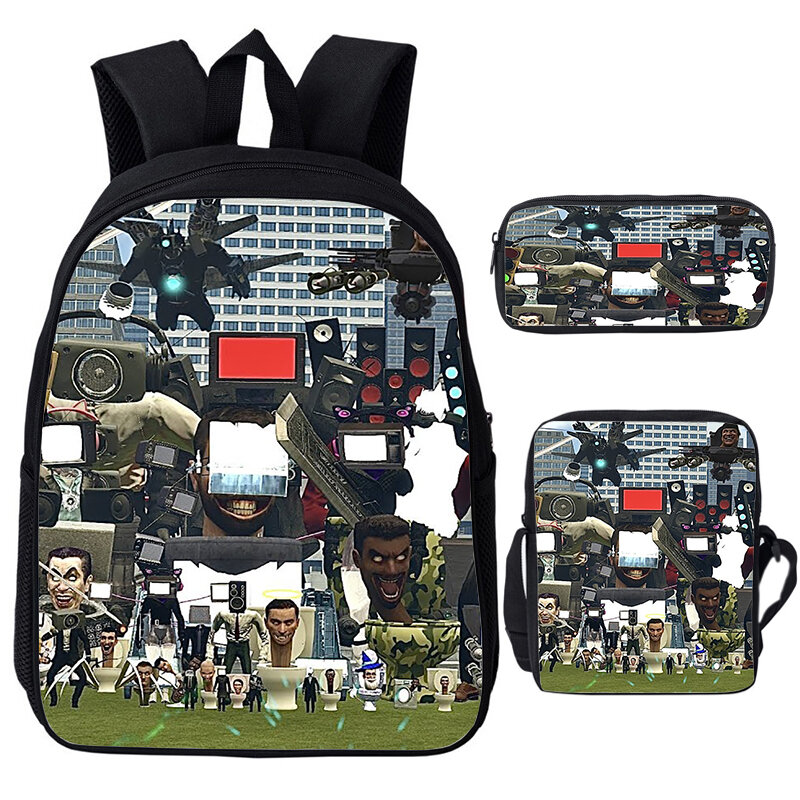 Skibidi-mochila de lona con estampado divertido para niños y niñas, mochilas escolares de dibujos animados, informales, Juego de 3 piezas