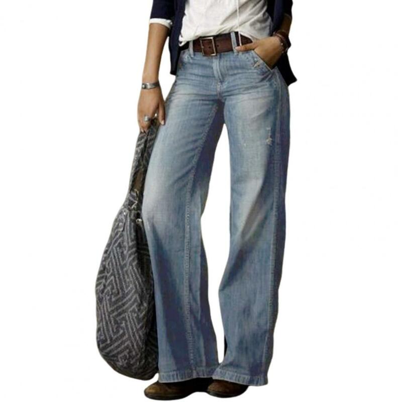 Jeans folgados estilo vintage feminino, perna reta, detalhes angustiados, bolsos múltiplos, ajuste médio da cintura, botão elegante para um