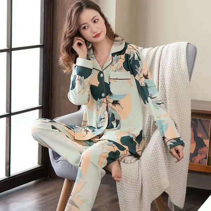 Zestaw stylowych damskich strojów dekolt z klapami piżamy z elastyczną talią na wiosnę dla pań w jednolitym kolor żakardowy
