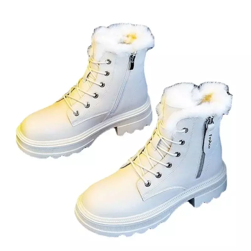 أحذية الثلوج القطيفة للنساء ، أحذية مسطحة ، دافئة ، متوسطة ، أبيض وأسود ، سميكة ، الشتاء ، 2021