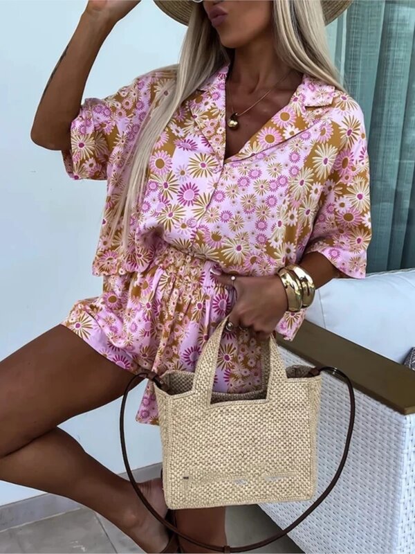 Elegant Women Two Piece Sets 2024 Summer Fashion Floral Print Lapel Loose Shirts + Elastic Waist Shorts Set Vacation Beach 2pc