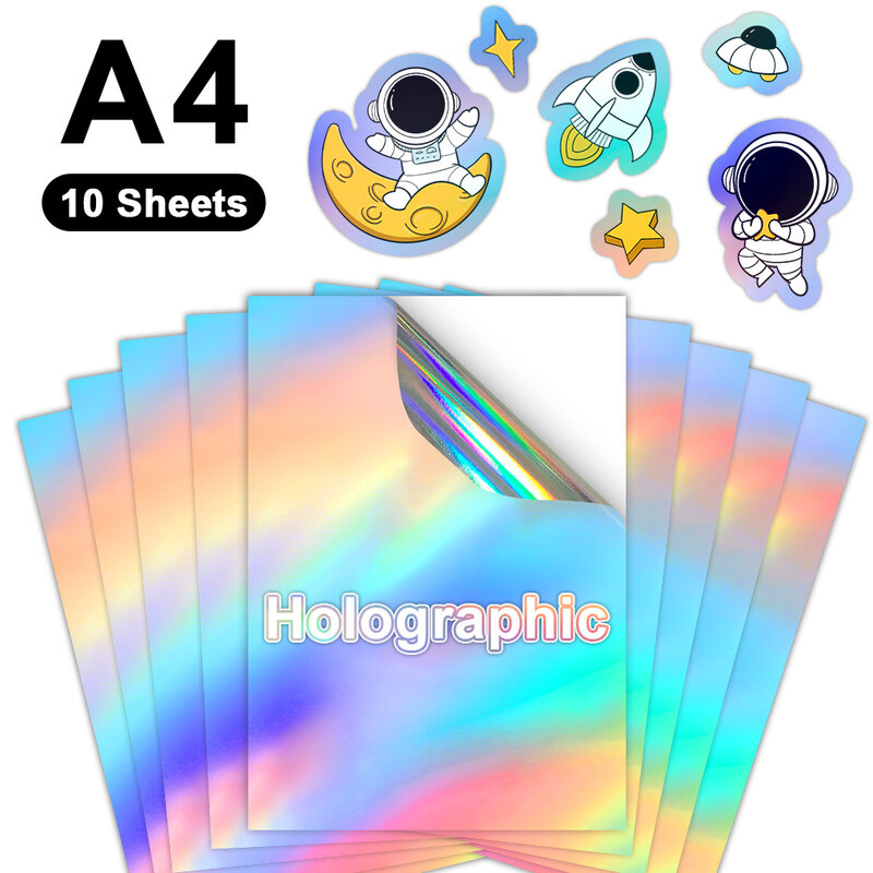 10 Folhas Holográficas Papel Adesivo De Vinil Imprimível A4 Auto-adesivo Transparente Branco Cópia Papel Artesanato DIY para Impressora Jato de Tinta