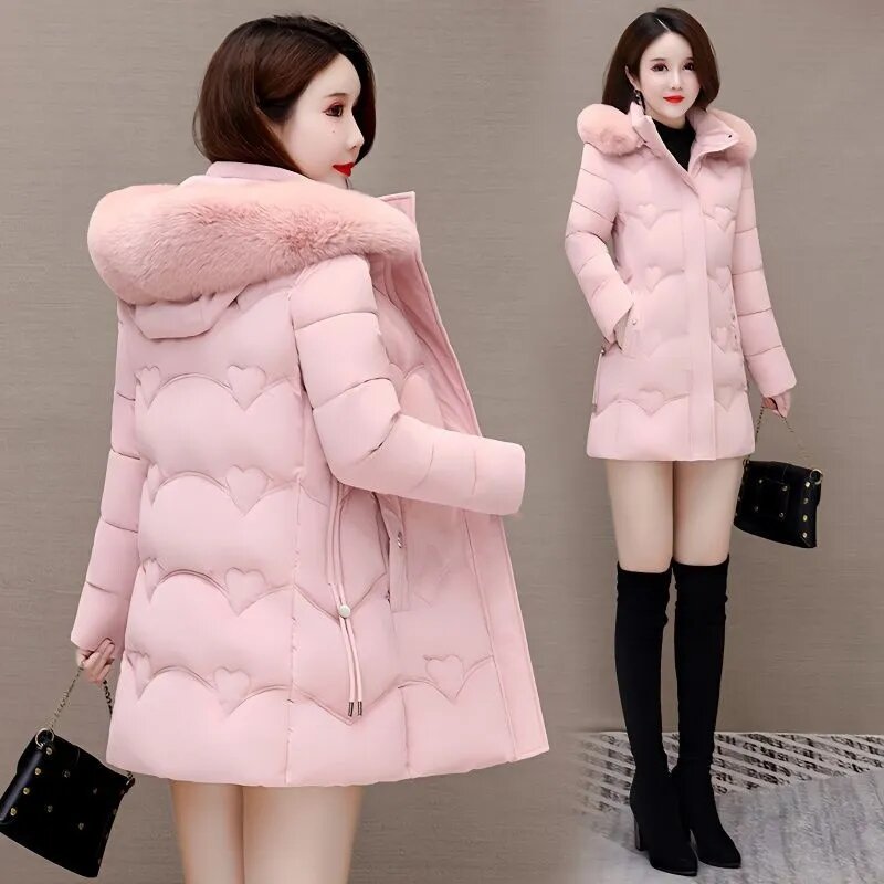 パーカー-女性用の大きな毛皮の襟付きジャケット,厚くて暖かい,カジュアルなアウター,綿のジャケット,新しい冬のコレクション2023