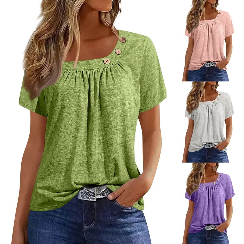 Camiseta De moda De verano para Mujer, camiseta informal De cuello redondo, camiseta De manga corta, Jersey suelto sólido, Tops De talla grande