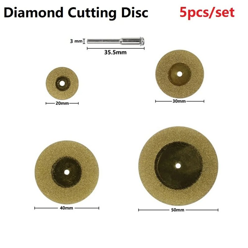 5 PCS Mini Diamond Cutting Disc & 3mm Shank Mandrel Set For Dremel Rotary Tools Accessories TiN Coated Circular Saw Blade