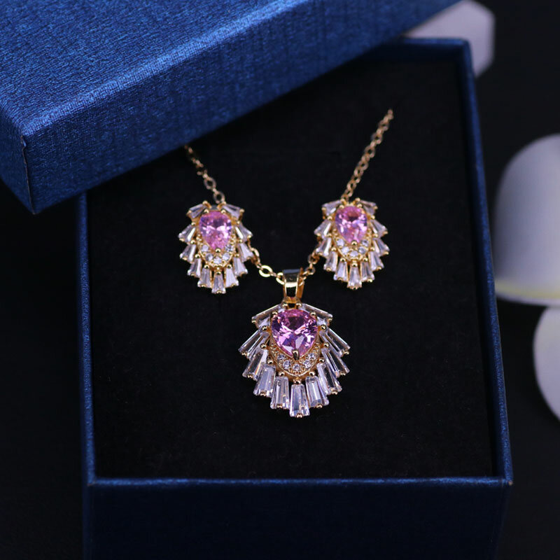 factory directly sales many colors pink zircon gold costume jewelry for women stud earring necklace set in store