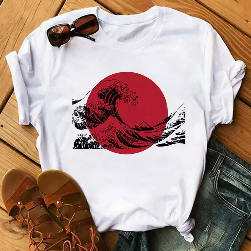 Camiseta estética feminina estampada com gráfico, sol sobre onda tumblr, tops da moda verão, camiseta casual, anos 90