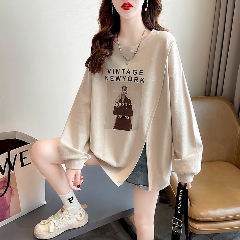 Oversized Pullovers Women Fashion Split Mid-length Long-sleeved T-shirt Spring Autumn Trend Bottom Shirt Casual Printed Pullover