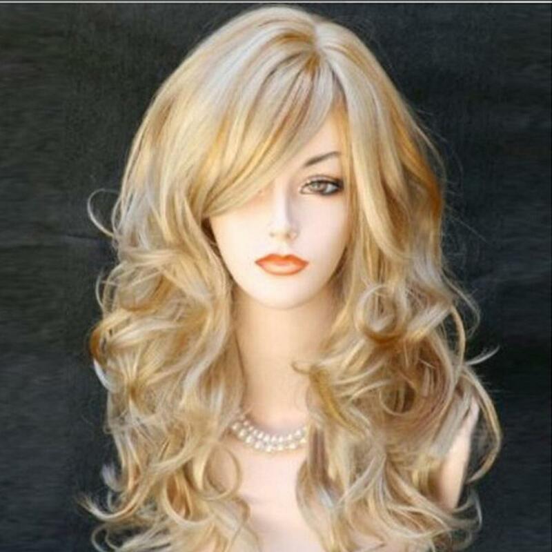 60cm złote długie kręcone ukośne grzywki sztuczne włosy peruka damska imprezę Cosplay włosy peruki syntetyczne środkowa część włókna naturalne włosów