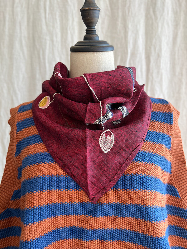 Lniana naszywka ręcznie haft trójkątny segregator bawełniany lniany szalik artystyczny Vintage damskie akcesoria odzieżowe w stylu etnicznym