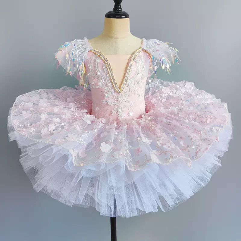 Vestido de baile com lantejoulas para meninas, Modern Dance Tutu, vestido princesa para crianças, roupa rosa