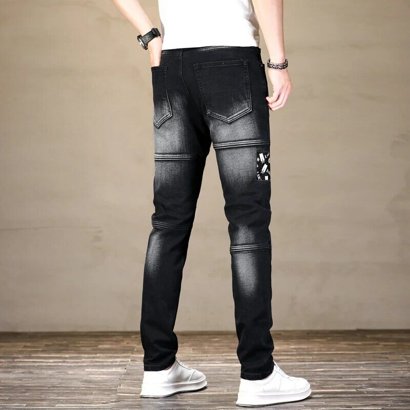 Джинсы мужские стрейчевые, высококлассные строченные черные зауженные брюки-карандаш с рваным принтом, в американском стиле