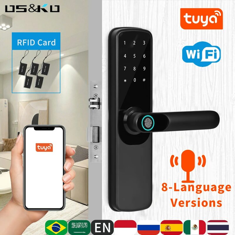 Serratura elettronica intelligente Tuya Wifi con impronta digitale biometrica/Smart Card/Password/sblocco chiave/ricarica di emergenza USB