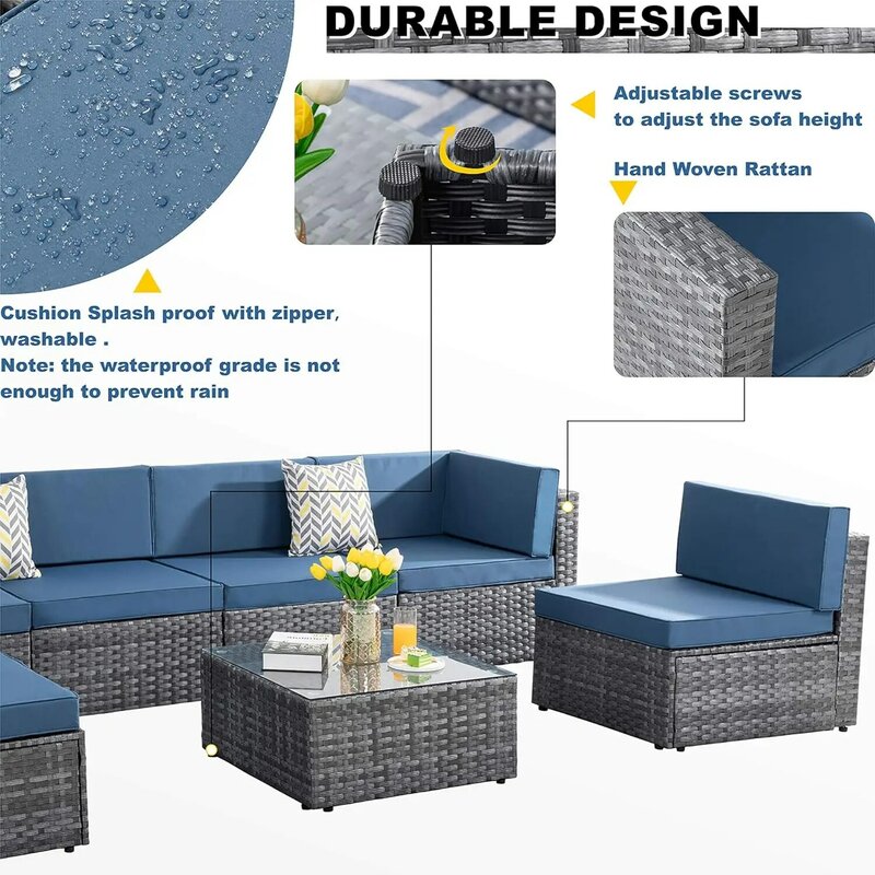 5/7 Pieces Outdoor Patio Sectional Sofa Couch, Silver Gray PE Wicker Furniture Conversation Sets with Washable Cushions