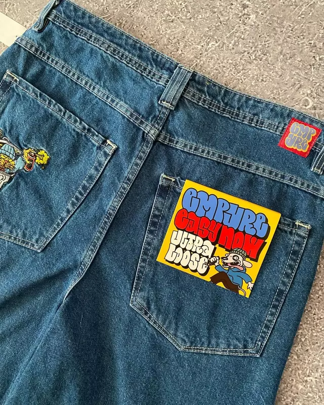 High Street Cartoon Graphic Embroidery Baggy Jeans High Waist Wide Leg Trouser Hip Hop Harajuku Big Boy Streetwear Y2K New