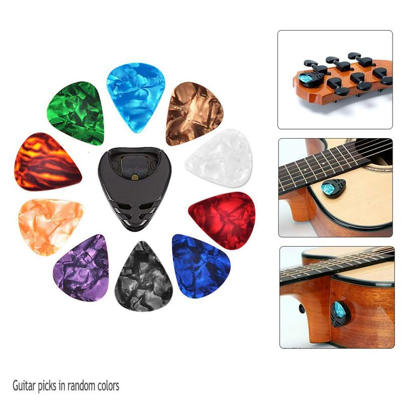 10 Buah Pick Gitar & Set Tempat Pick Gitar untuk Gitar Akustik Gitar Listrik Bass Ukulele Pilihan Tempat Stick-On Warna Acak