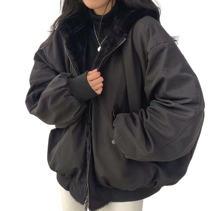 Jaqueta de zíper dupla face reversível extragrande, blusa solta com capuz, casaco feminino, grosso, quente, coreano, inverno, novo