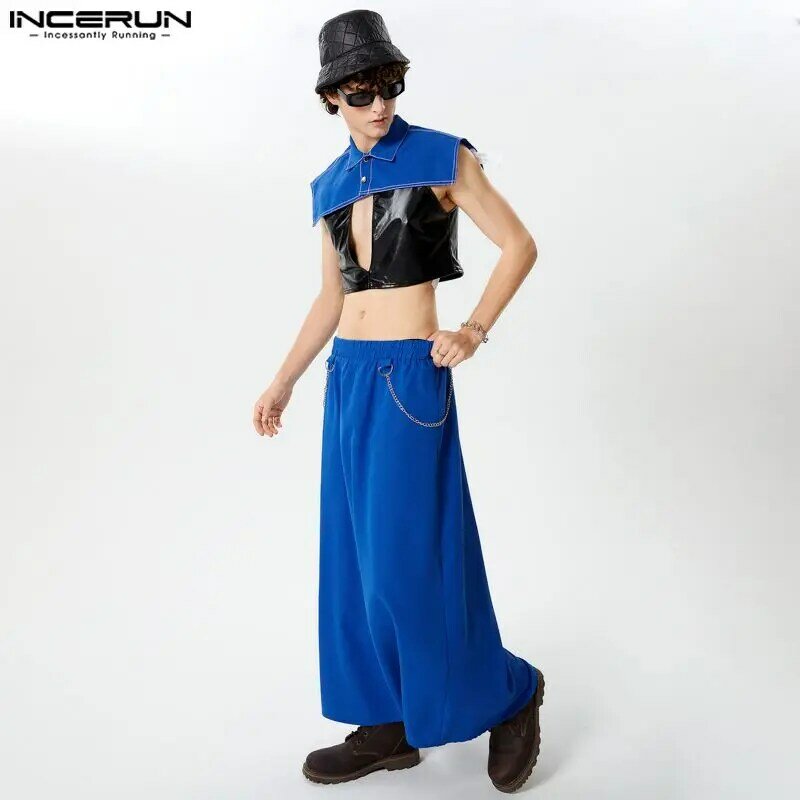 Inerun-男性用ノースリーブクロップベストとスカート、カジュアルスーツ、不規則なセット、単色、個性ラペル、ストリートウェアファッション、2個、2024