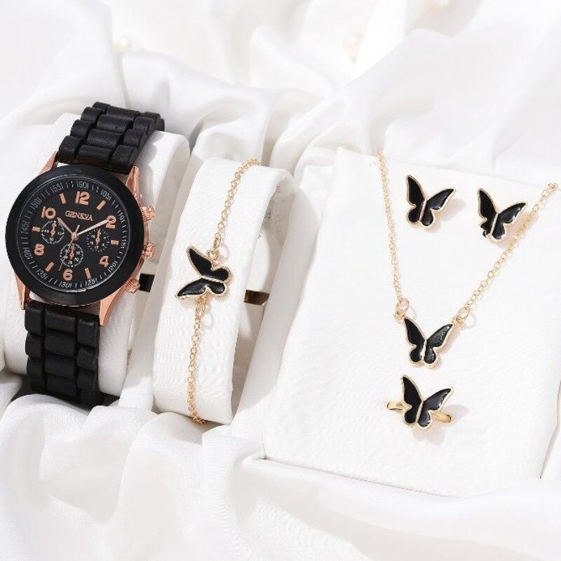 5 Stück Set Luxus uhr Frauen Ring Halskette Ohrringe Strass Mode Armbanduhr weibliche lässige Damen uhren Armband Set Uhr