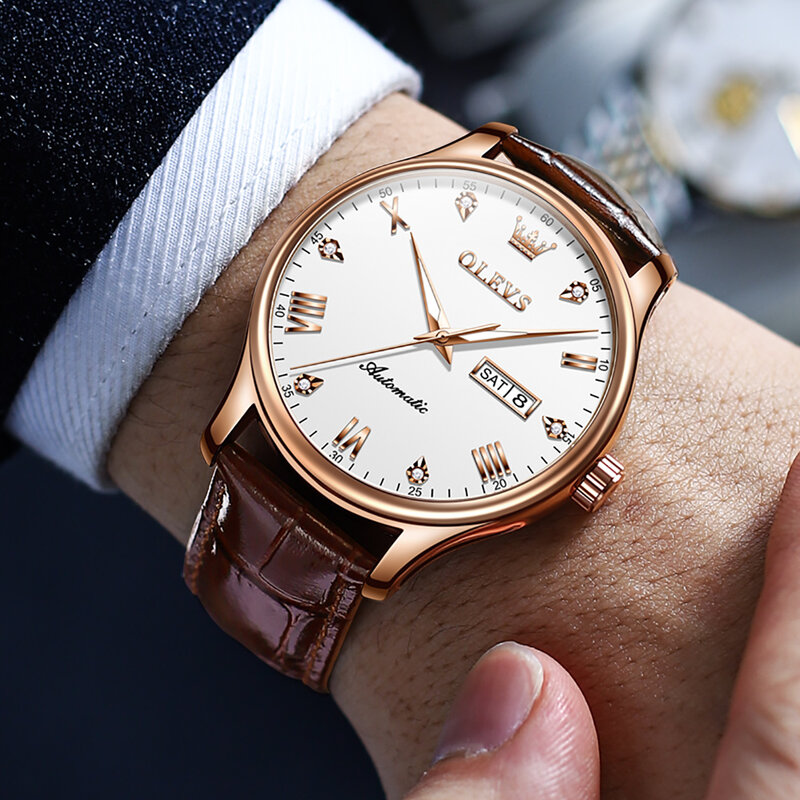OLEVS jam tangan mekanis otomatis pria, arloji bisnis baru 2024, jam tangan kalender tahan air kulit mewah untuk pria