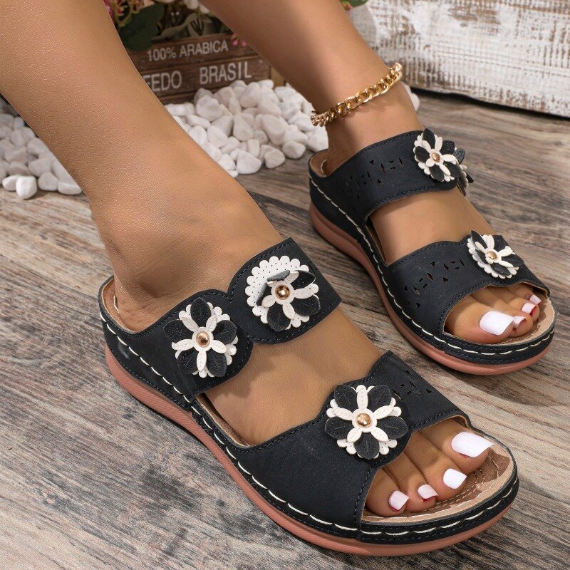 Wedges Slippers Flower Women Flats Shoes Summer New chunky Sandals 2024 Casual Outdoor Flip Flops Walking Mujer Zapatos Slides
