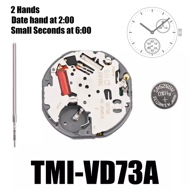 Mechanizm VD73 Mechanizm Tmi VD73 2 wskazówki Mechanizm z wieloma oczkami Mała sekunda w 6:00 Rozmiar: 10 1⁄2 ′′ wysokości: 3,45 mm