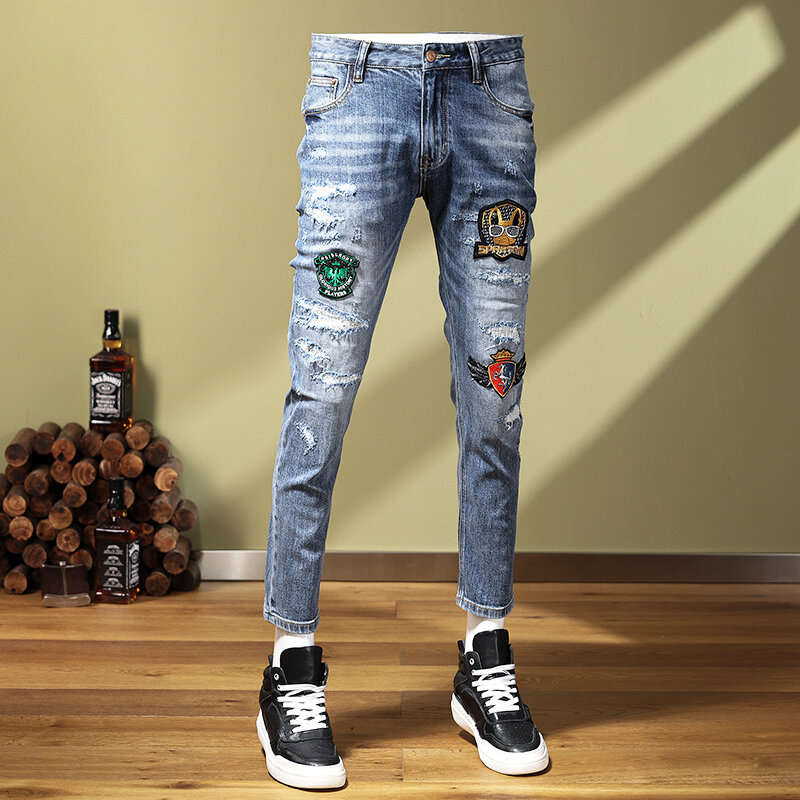 Streetwear Moda Masculina Jeans Retro Blue Elastic Stretch Skinny Fit Jeans Rasgado Quebrado Homens Patches Designer Hip Hop Calças Hombre