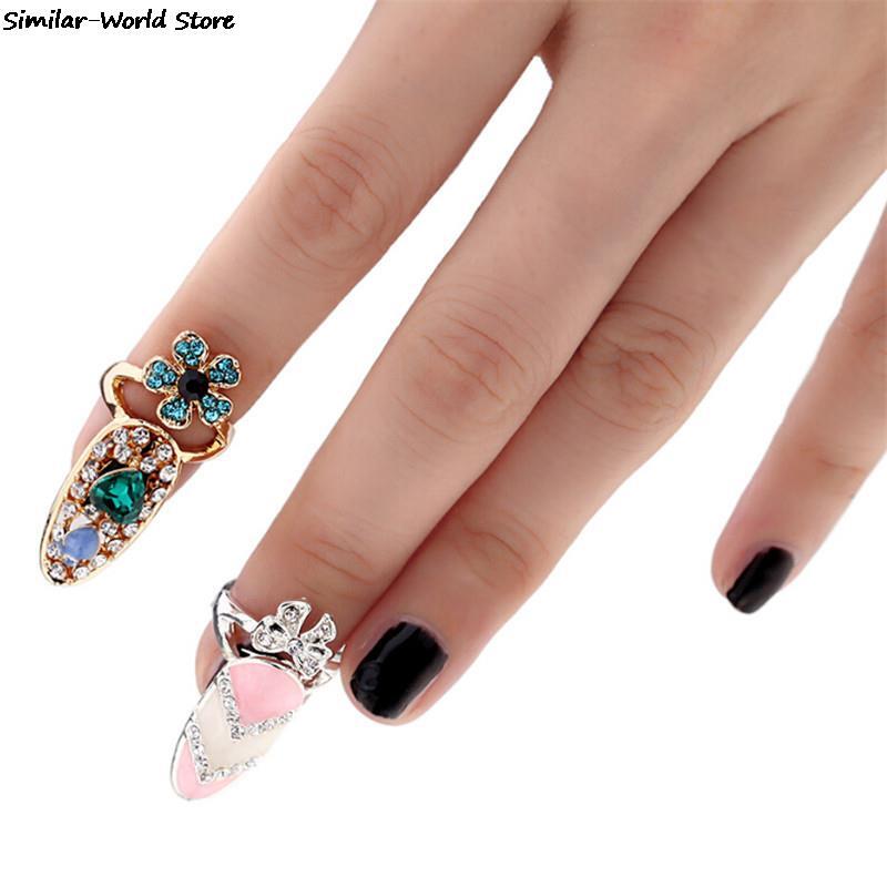 Charme Blume Dame Strass Fingernagel Schutz Fashion Schmuck Bowknot Crown Nagel Ring Kristall Finger Nagel Ringe Für Frauen