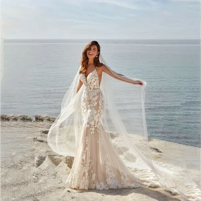 Wedding Dress Boho Bridal Gown Charming Mermaid Spaghetti Straps Backless Buttons Tea-length Vestido De Novia For Women