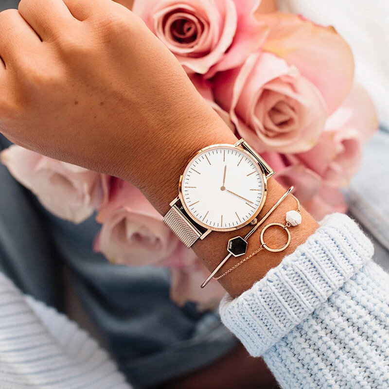 Relógio de luxo de ouro rosa feminino, pulseira, marca superior, casual, quartzo, relógio, aço, relógio de pulso feminino