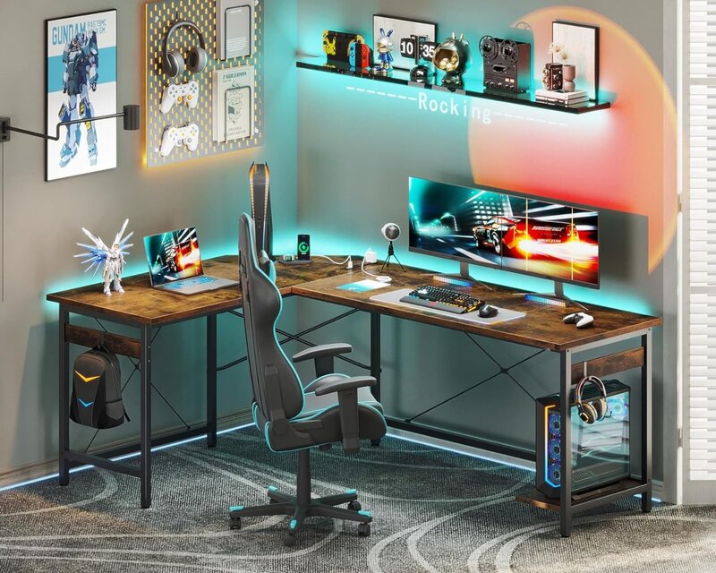 Biurko do gier w kształcie Coleshome 66 "L z gniazdem, biurko w kształcie litery L ze stojakiem na procesor, narożne biurko komputerowe, biurko do pracy w domu