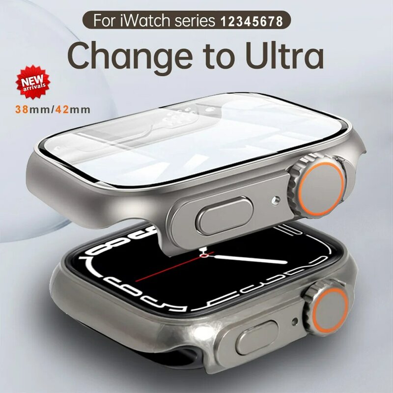 Mudar para Ultra Apple Watch Case, Capa de Vidro Temperado, Atualizar para Ultra, 8, 7, 6, 5, 4, 45mm, 44mm, 41mm, 40mm, 42mm, 49 milímetros
