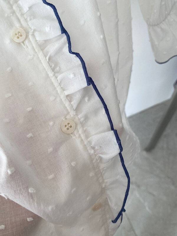 2024 New Ruffles Transparent White Blouse Women Summer V Neck Long Sleeve Dot Embroidered Blouses Korean Fashion Casual Shirts