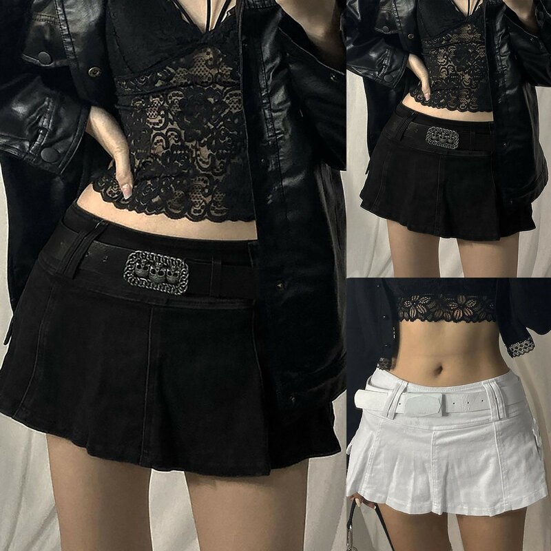 Goth Black Micro Skirts Low Rise Pocket Patchwork A Line Skirt Vintage Harajuku Streetwear Style Y2K Mini Half Body Skirts