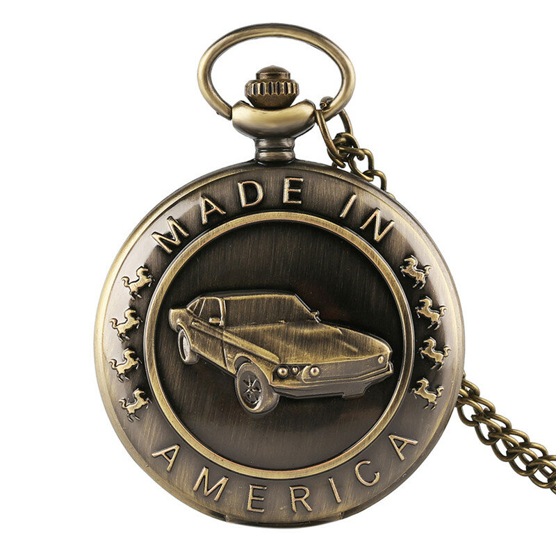 Reloj de bolsillo de cuarzo para hombre y mujer, pulsera de bronce con patrón de coche, cadena de cazador completo, colgante, Vintage, regalos
