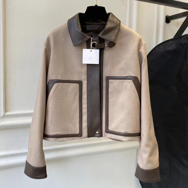 女性用本革ジャケット,パッチワーク生地コート,本物のシープスキン,耐久性のある色,新しいファッション,zm4973,2023