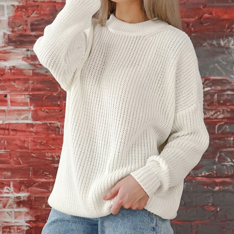 Suéter de manga larga con cuello redondo para mujer, ropa interior informal, cómoda, Color sólido